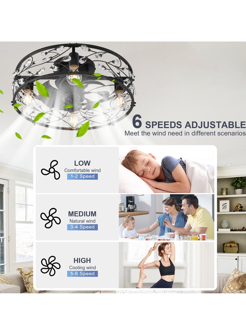 20 inch Caged Ceiling Fans with Lights and Remote,Crystal Chandelier Fan Light, Bladeless Black Fandelier Ceiling Fan Fixtures for Bedroom Kitchen Farmhouse（6 Speed, Timing）