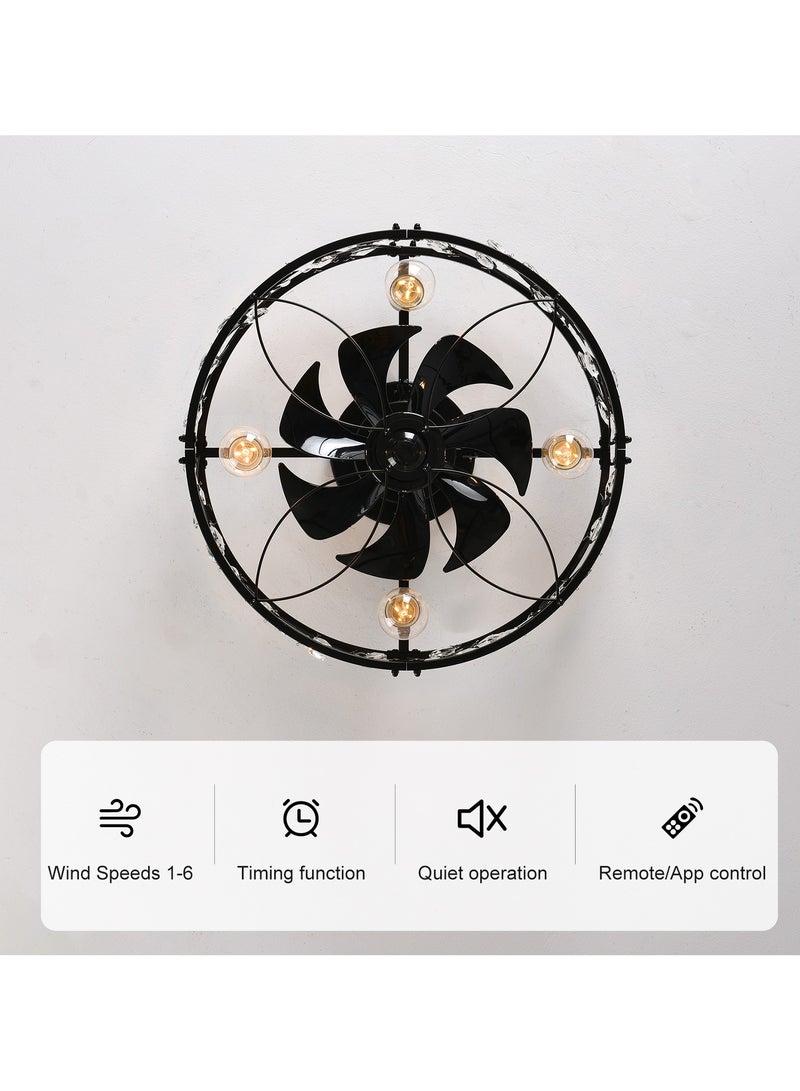 20 inch Caged Ceiling Fans with Lights and Remote,Crystal Chandelier Fan Light, Bladeless Black Fandelier Ceiling Fan Fixtures for Bedroom Kitchen Farmhouse（6 Speed, Timing）