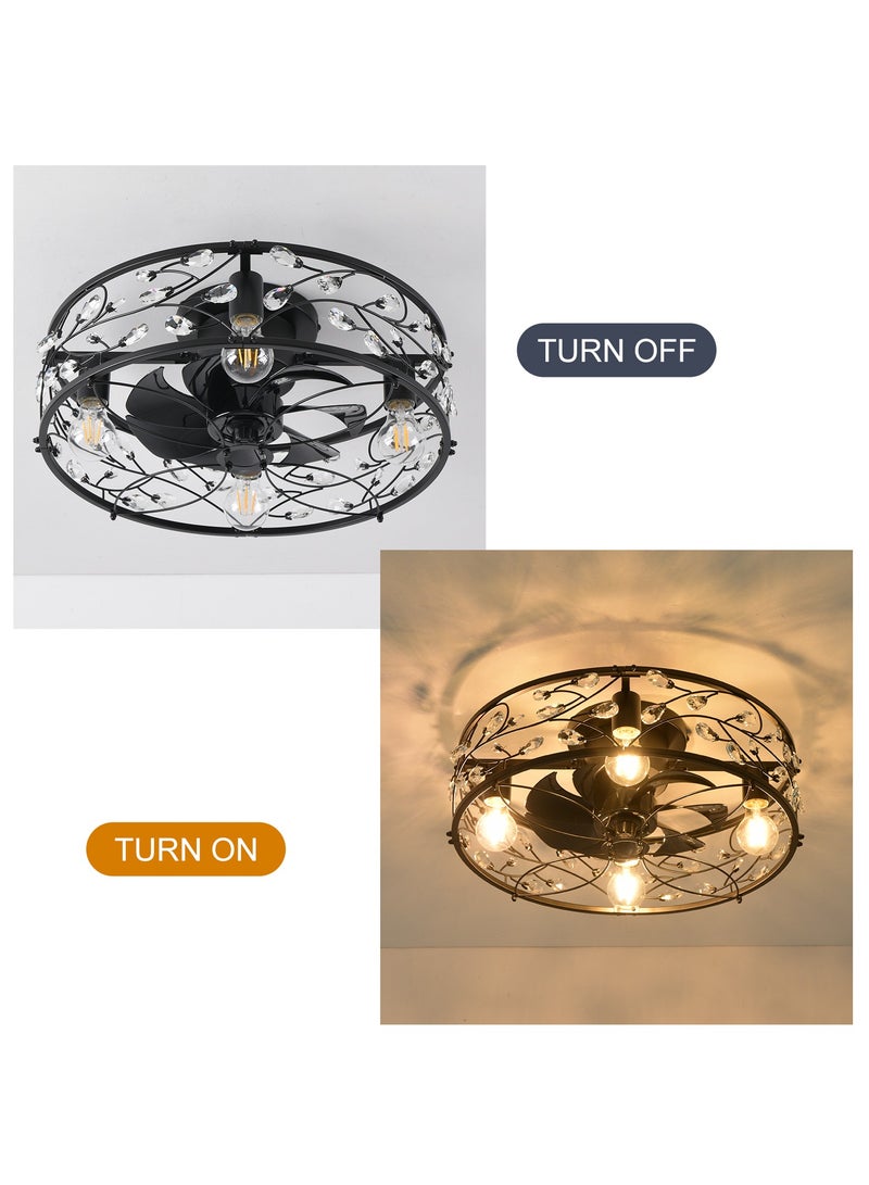 20 inch Caged Ceiling Fans with Lights and Remote,Crystal Chandelier Fan Light, Bladeless Black Fandelier Ceiling Fan Fixtures for Bedroom Kitchen Farmhouse（6 Speed, Timing）