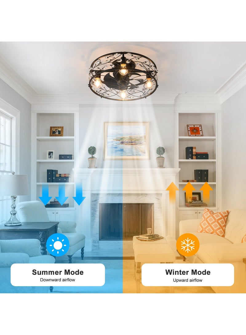 20 inch Caged Ceiling Fans with Lights and Remote,Crystal Chandelier Fan Light, Bladeless Black Fandelier Ceiling Fan Fixtures for Bedroom Kitchen Farmhouse（6 Speed, Timing）