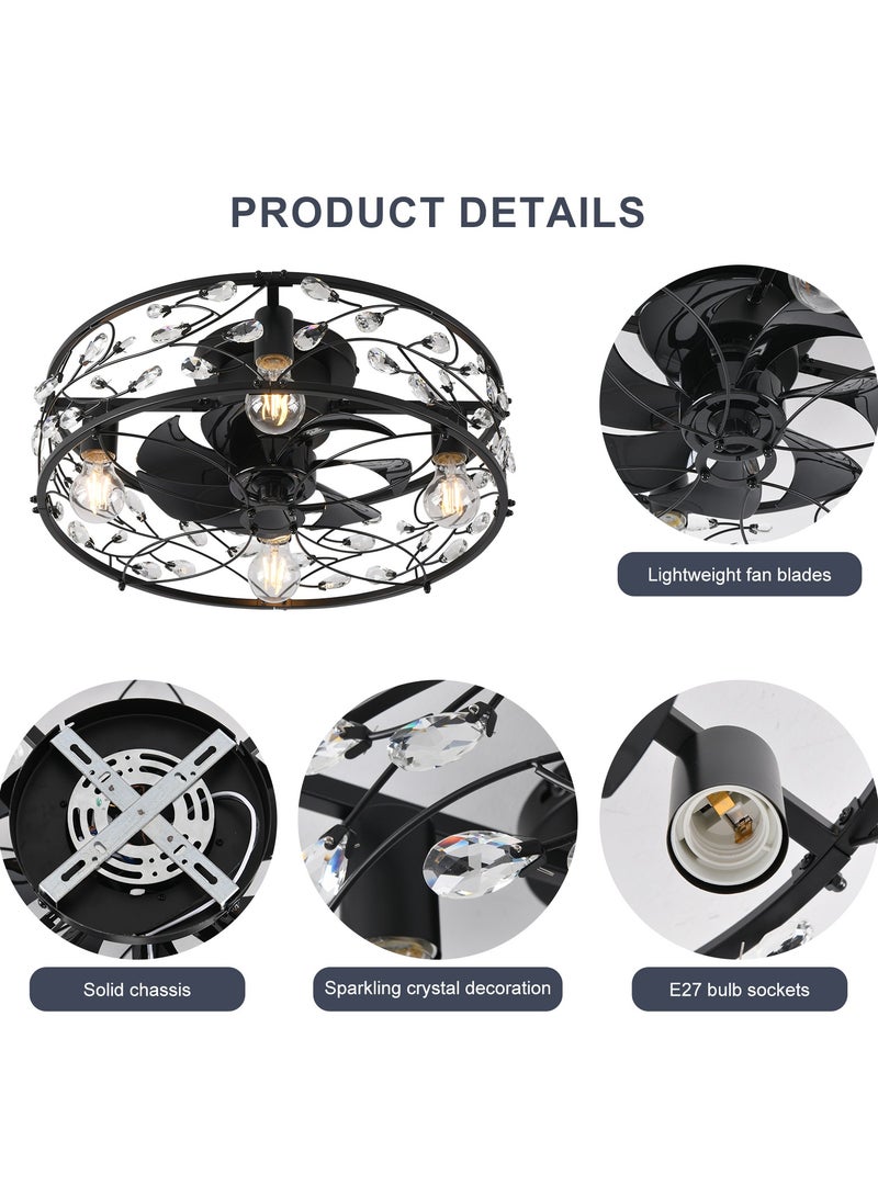 20 inch Caged Ceiling Fans with Lights and Remote,Crystal Chandelier Fan Light, Bladeless Black Fandelier Ceiling Fan Fixtures for Bedroom Kitchen Farmhouse（6 Speed, Timing）