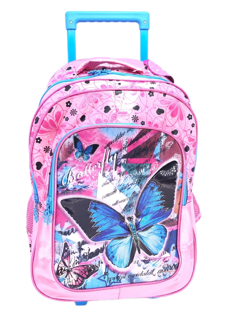 Pvc Premium Toddler Trolley with Backpack which Includes Trolley Bag luggage with wheels, pink in color with your trending favorite Character butterfly personalized backpack For Girls (16 Inches)