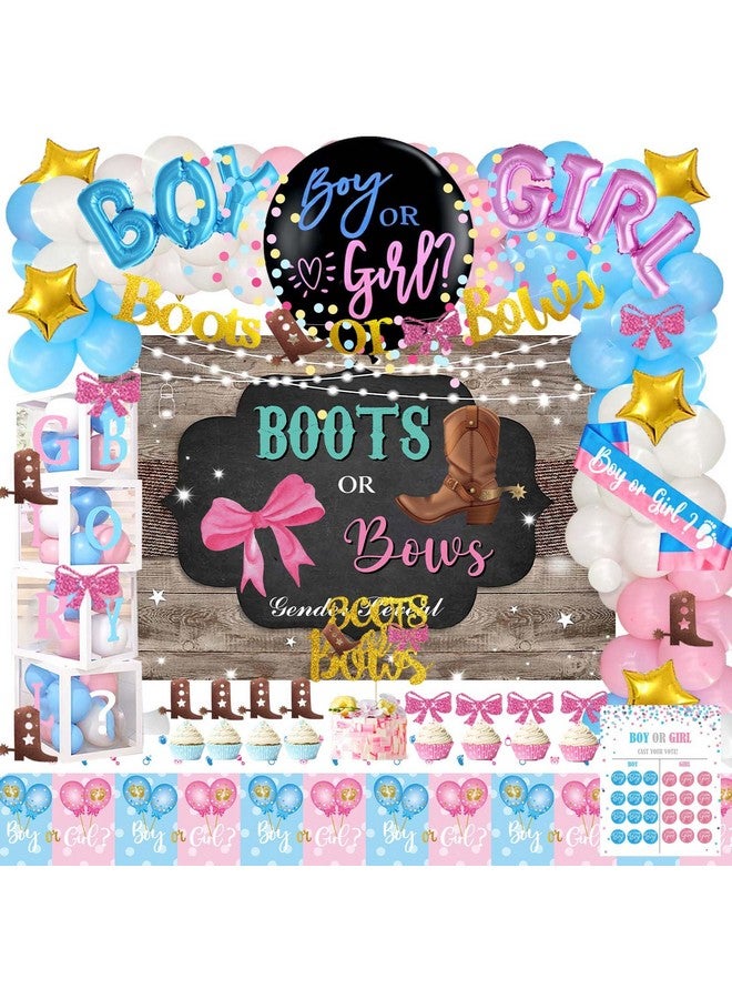 169 Pcs Boots Or Bows Gender Reveal Decorations Hombae Boy Or Girl Gender Reveal Decorations Backdrop Balloon Garland Glitter Banner Tablecloth Cake Cupcake Topper Box Cutout Poster Sash Pink Blue