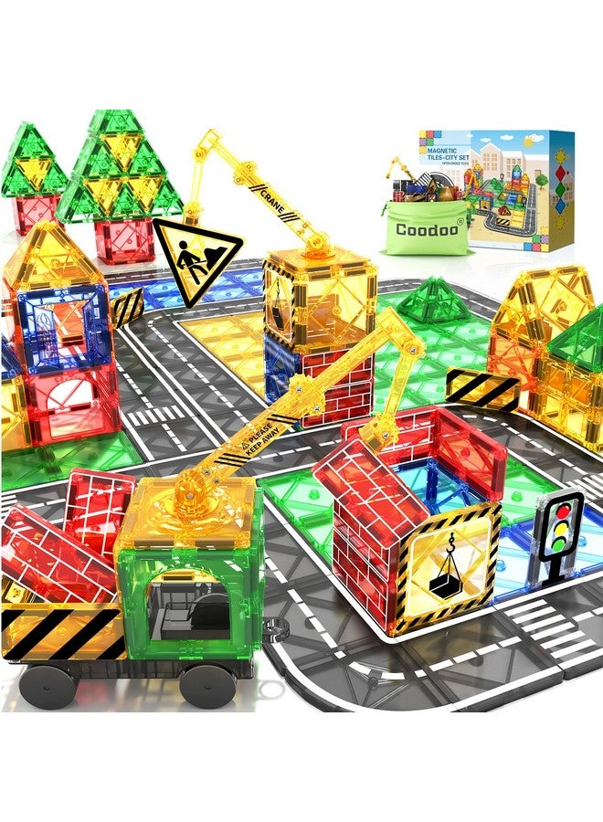 Kids Games Magnetic Tiles Road Set With Extendable Magnetic Crane, City Construction Building Toys For Toddlers Stem Preschool Toys Ages 4 6 5 7, Gifts For 3+ Year Old Boys Girls Kids Toys With Car