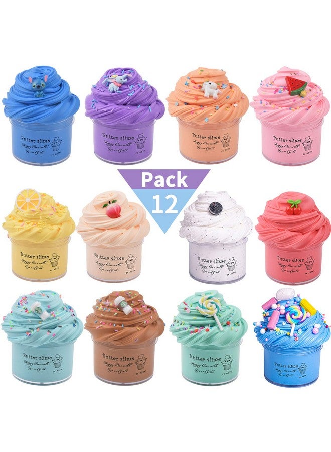 12 Pack Butter Slime Kit With Blue, Elephant, Unicorn, Watermelon, Lemon, Peach, O Reo, Cherry, Latte, Coffe And Candy Charms, Scented Diy Slime, Stress Relief Toy For Girls And Boys