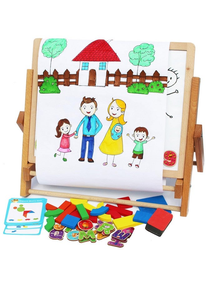 Towo Wooden Easel For Children Foldable Double Magnetic Boards Magnetic Shapes Letters Numbers And Paper Roll Kids Art Easel Table Top Magnetic Board For Kids