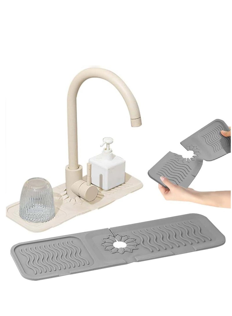 2Pcs Faucet Mat for Kitchen Sink, Silicone Faucet Handle Drip Catcher Tray Mat, Kitchen Sink Draining Mat Fast Drying Stone Sink Tray, Faucet Guard & Draining Mat, Sink Splash Guard, Grey & Off White