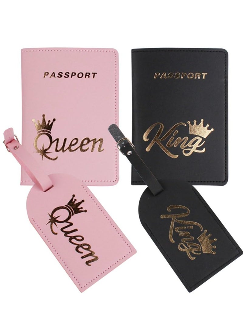 Couple Leather Luggage Tags and Passport Holders Set Perfect for Honeymoon and Wedding Gifts 4 Pack