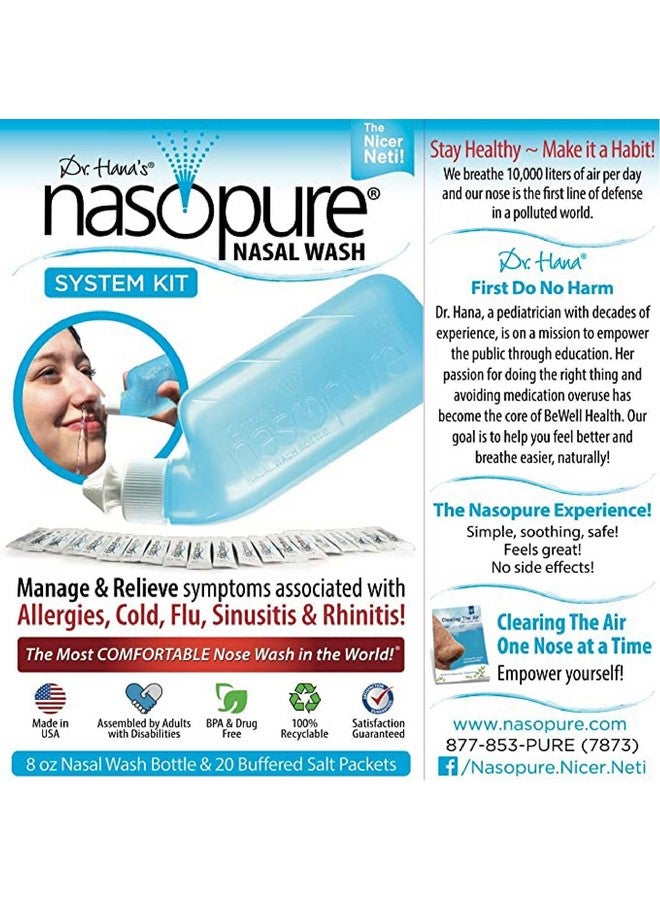 Nasopure Nasal Wash, System Kit, “The Nicer Neti Pot” Sinus Wash Kit, Comfortable Nasal Rinse 8 Oz Bottle & 20 Salt Packets (3.75 Grams Each), Nasal Congestion, Cold, Flu, Allergy, Nasal Irrigation