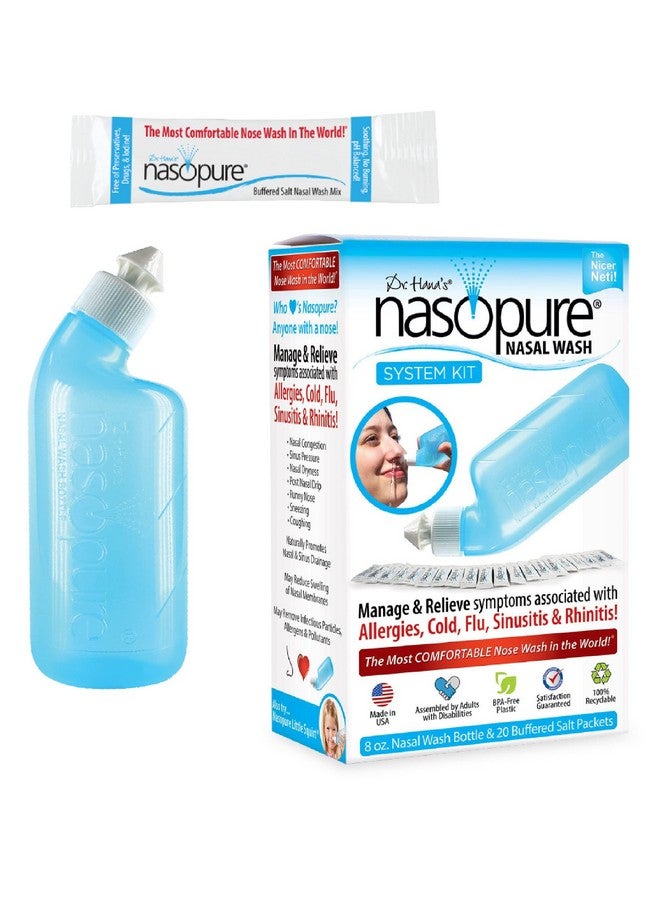 Nasopure Nasal Wash, System Kit, “The Nicer Neti Pot” Sinus Wash Kit, Comfortable Nasal Rinse 8 Oz Bottle & 20 Salt Packets (3.75 Grams Each), Nasal Congestion, Cold, Flu, Allergy, Nasal Irrigation