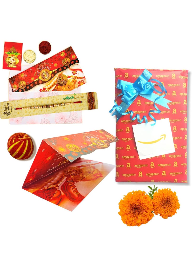 Almoda Creations Rakhi Combo-Rakhi, Foldable Greeting Card, Tilak Pouch, With Personalized Gift Message Service-A Warm Rakhi Mable Greeting Wrap