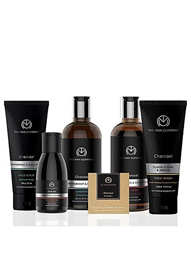 Charcoal Grooming Kit With Body Wash, Shampoo, Face Scrub, Face Wash, Cleansing Gel, Solid Soap Bar | Combo Gift Set For Husband, Boyfriend Set Of 6