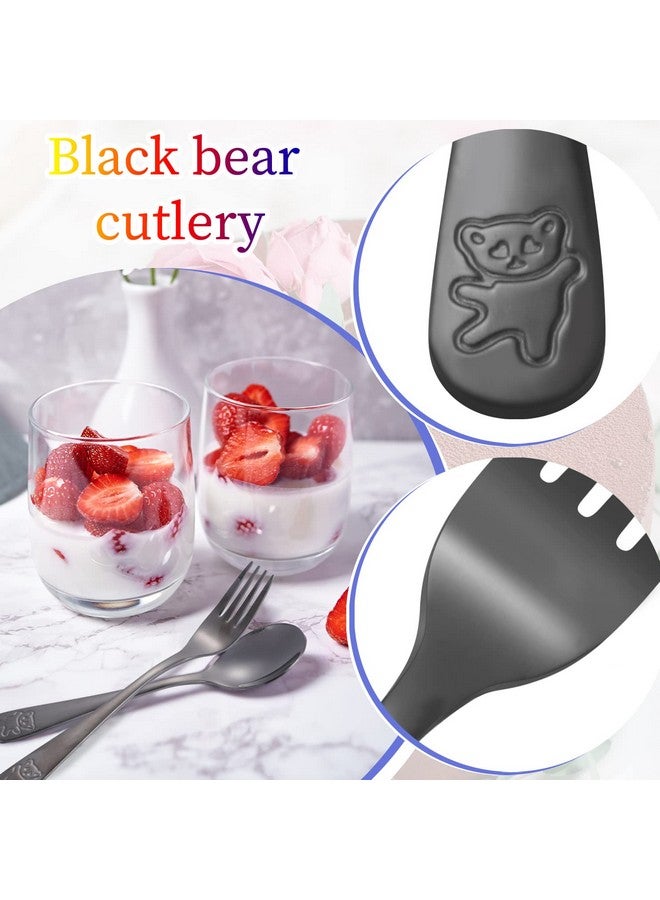 6 Pieces Kids Silverware Stainless Steel Toddler And Child Utensils Childrens Safe Forks And Spoons Metal Cutlery Set Engraved Bear Black