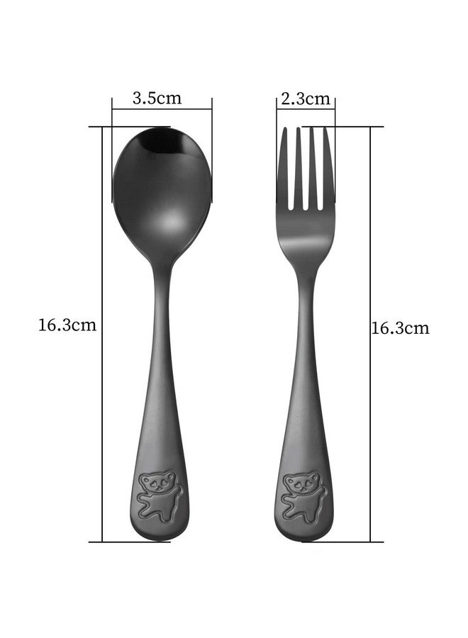 6 Pieces Kids Silverware Stainless Steel Toddler And Child Utensils Childrens Safe Forks And Spoons Metal Cutlery Set Engraved Bear Black