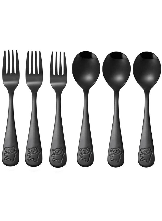 6 Pieces Kids Silverware Stainless Steel Toddler And Child Utensils Childrens Safe Forks And Spoons Metal Cutlery Set Engraved Bear Black