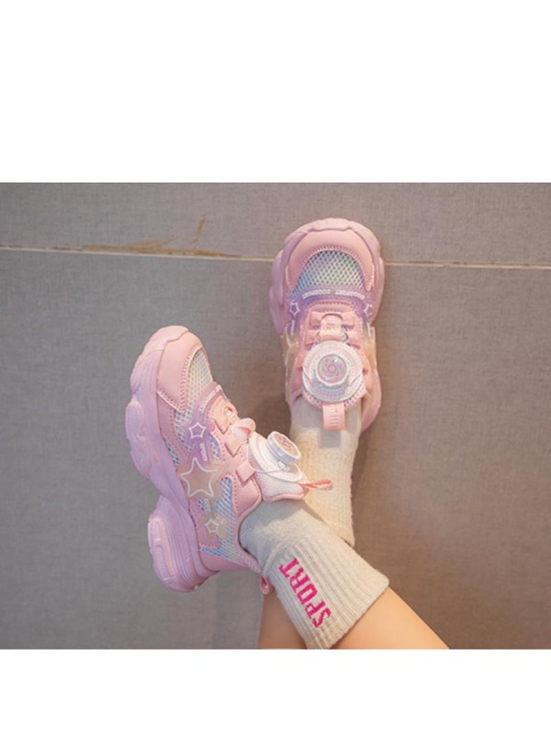 Flashing Light Rotating Button Sports Shoes, Lightweight Sole, New Fashion Mesh Fabric, Medium Size Children's Casual Shoes