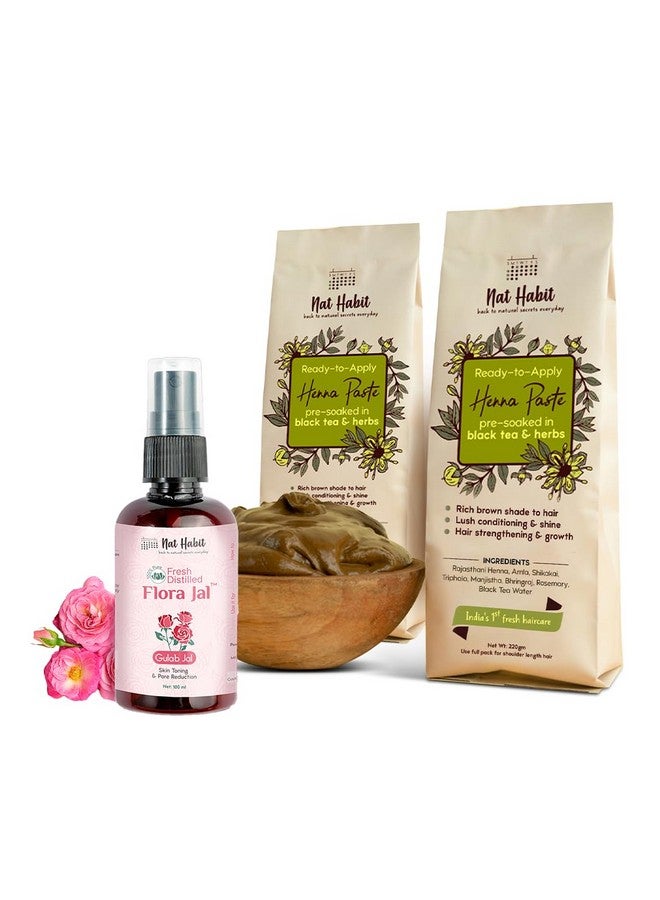 Ready-To-Apply Henna Paste & Flora Jal - Gulab Jal Toner For Pore Refining - The Ideal Combo For Hair Deep Conditioning & Hair Fall With Rich Dark Brown Color (Combo Pack Of 3)