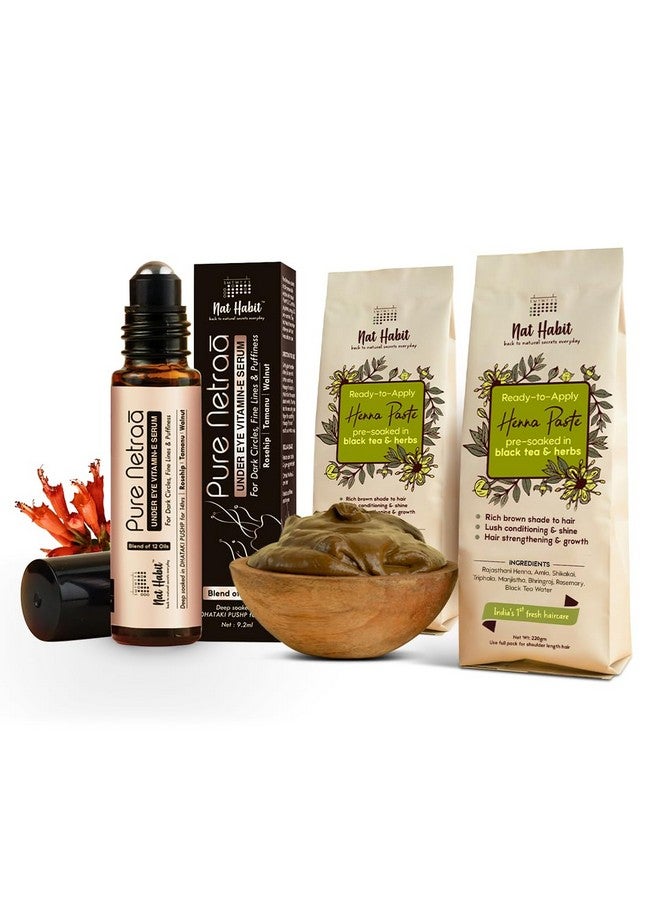 Ready-To-Apply Henna Paste & Pure Netraā Serum - Dhataki Soaked Undereye Care The Ideal Combo For Conditioned Hair, Healthy Scalp, Eye Care & Hair Fall With Rich Dark Brown Color (Combo Pack Of 3)