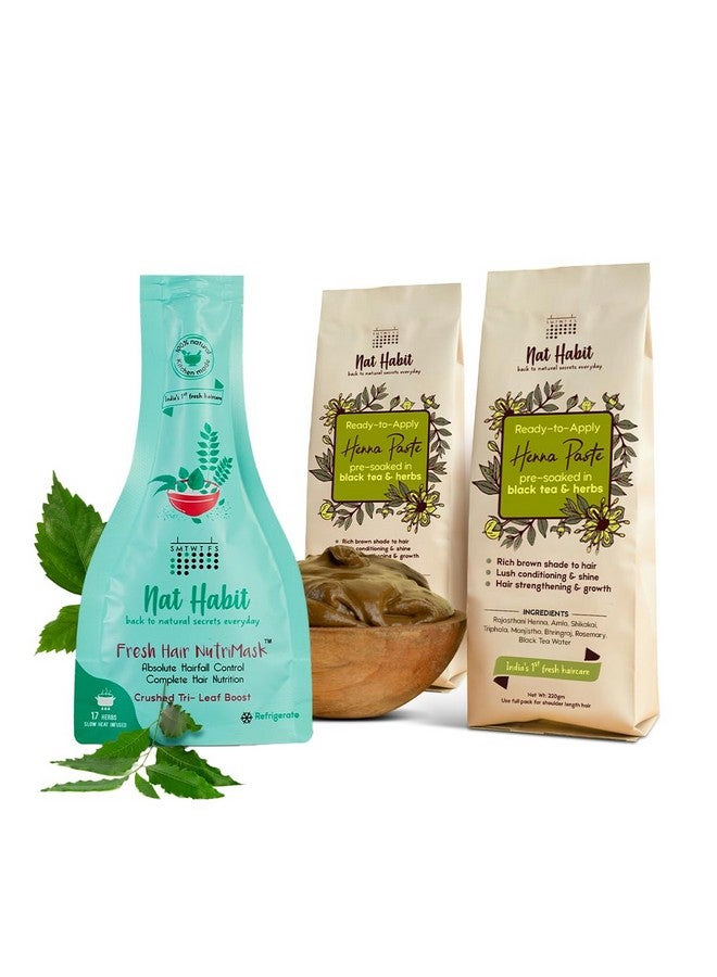 Ready-To-Apply Henna Paste & Tri Leaf Nutrimask- Hair Mask- The Ideal Combo For Hair Deep Conditioning & Hair Fall With Rich Dark Brown Color (Combo Pack Of 3)