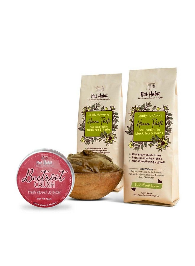 Ready-To-Apply Henna Paste & Beetroot Crush Lip Butter - Lip Balm The Ideal Combo For Conditioned Hair, Healthy Scalp, Lip Care & Hair Fall With Rich Dark Brown Color (Combo Pack Of 3)