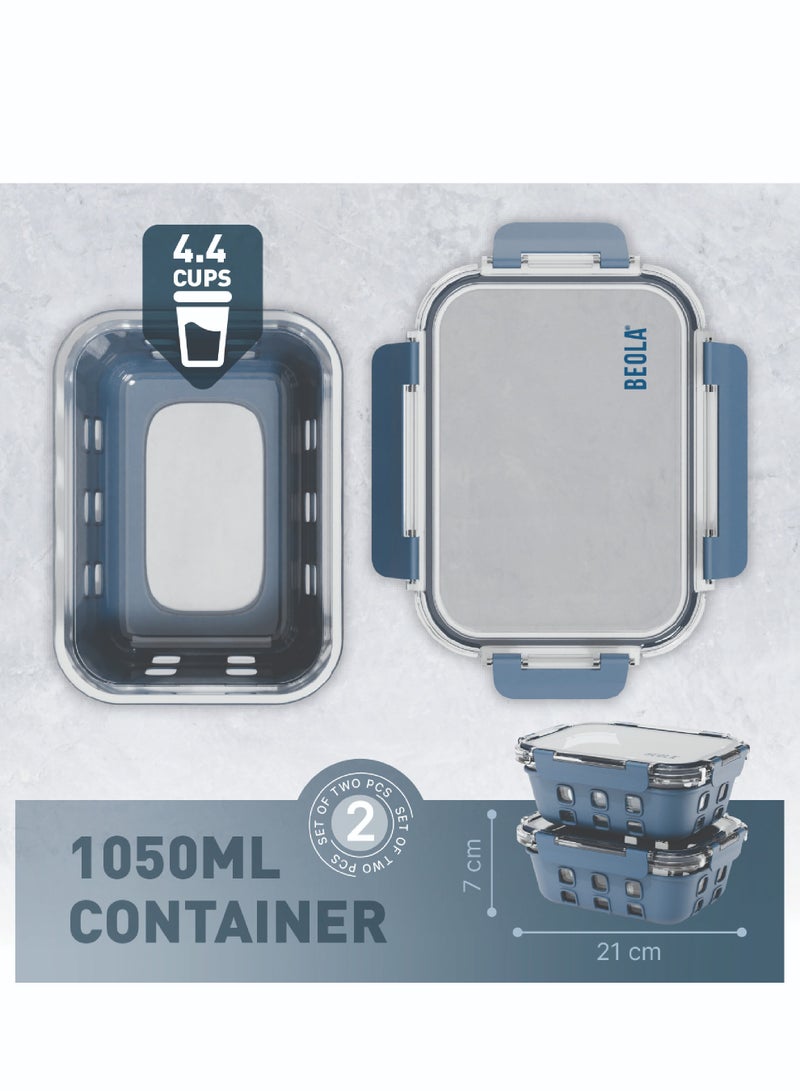 Set of 2 Glass Food Storage Containers with Airtight Lids and Silicone Protection, Leakproof Food Organizer, Freezer, Dishwasher, Microwave Safe, Kitchen Organizer for Food(1050ml, Marine Blue)