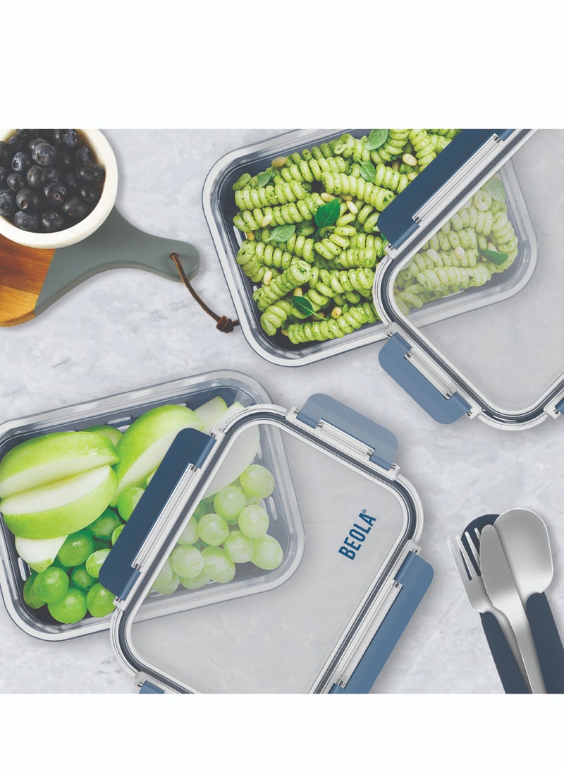 Set of 2 Glass Food Storage Containers with Airtight Lids and Silicone Protection, Leakproof Food Organizer, Freezer, Dishwasher, Microwave Safe, Kitchen Organizer for Food(1050ml, Marine Blue)