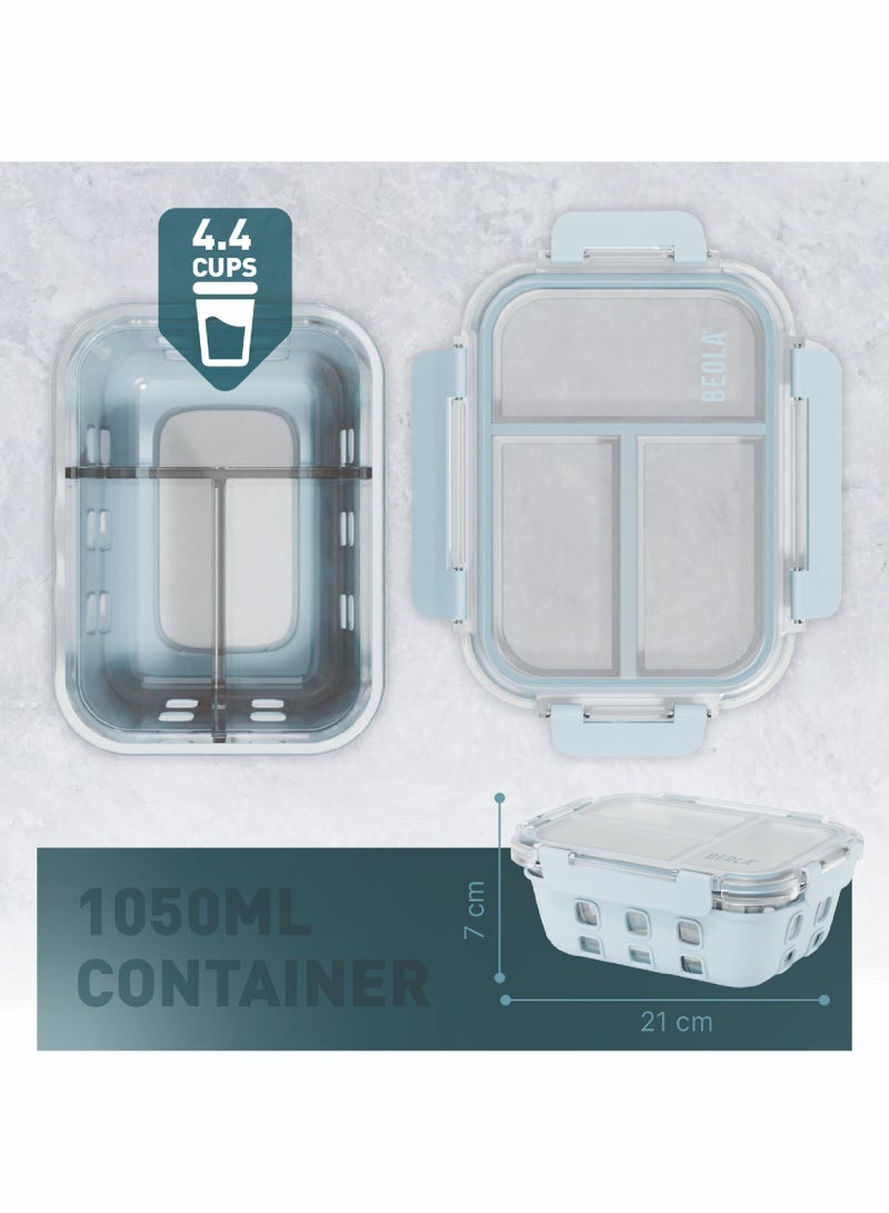 3 Compartment Glass Food Storage Container with Airtight Lid and Silicone Protection, Individually Sealed 3 Section Meal Prep Container, Freezer, Dishwasher, Microwave Safe, 1050ml(Ice Blue)