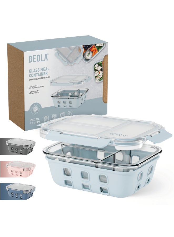 3 Compartment Glass Food Storage Container with Airtight Lid and Silicone Protection, Individually Sealed 3 Section Meal Prep Container, Freezer, Dishwasher, Microwave Safe, 1050ml(Ice Blue)