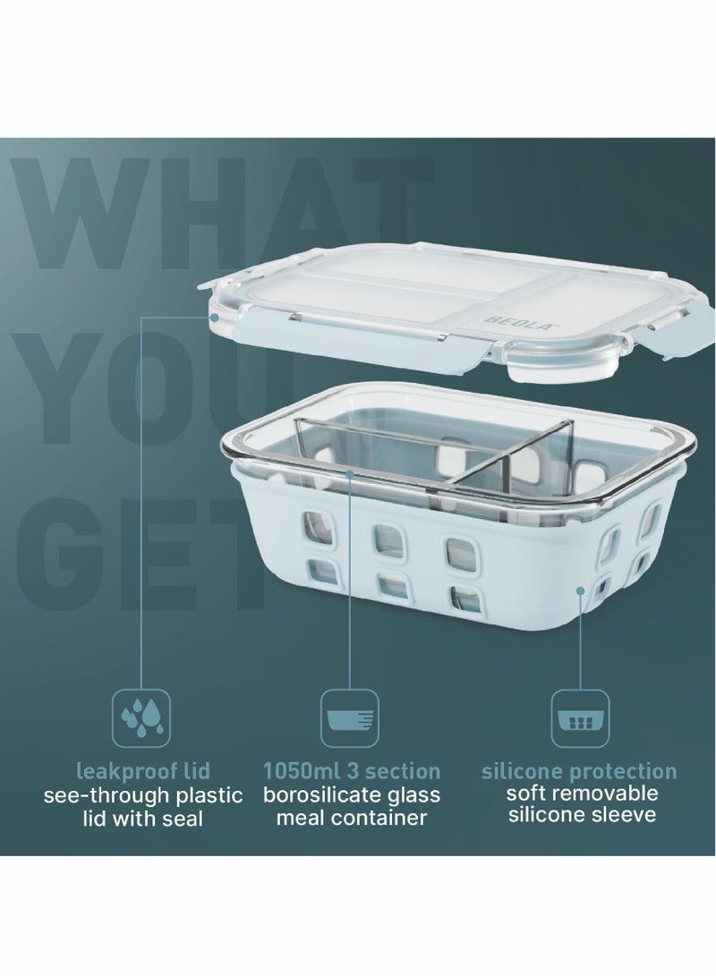 3 Compartment Glass Food Storage Container with Airtight Lid and Silicone Protection, Individually Sealed 3 Section Meal Prep Container, Freezer, Dishwasher, Microwave Safe, 1050ml(Ice Blue)