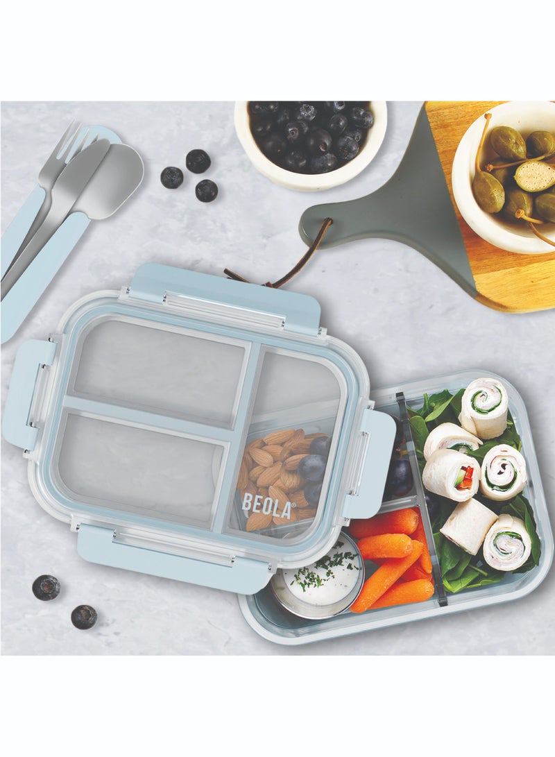 3 Compartment Glass Food Storage Container with Airtight Lid and Silicone Protection, Individually Sealed 3 Section Meal Prep Container, Freezer, Dishwasher, Microwave Safe, 1050ml(Ice Blue)