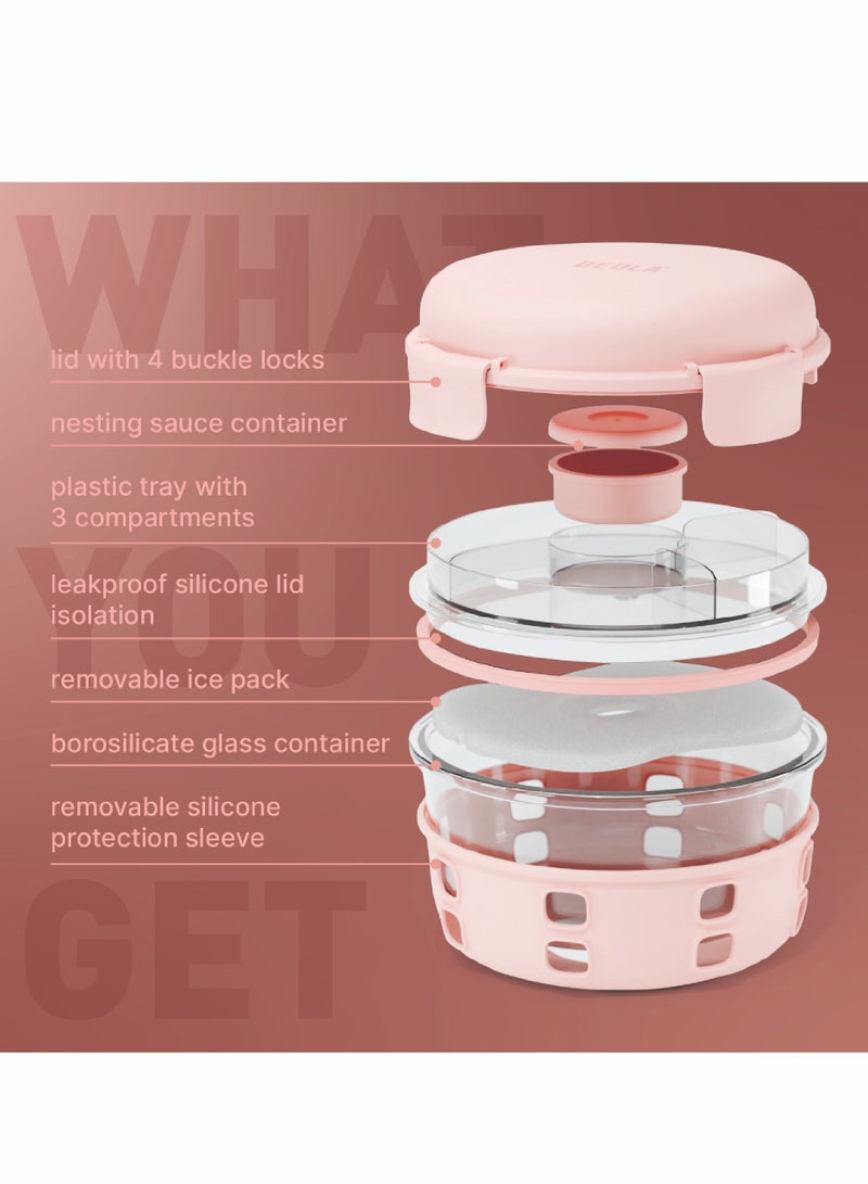 Lunch Box, Food Container with Ice Pack, Sauce Cup, 3 Compartment Tray, Borosilicate BPA Free Glass Salad Bowl with Silicone Protection, Freezer, Dishwasher, Microwave Safe, 950ml(Blush Pink)