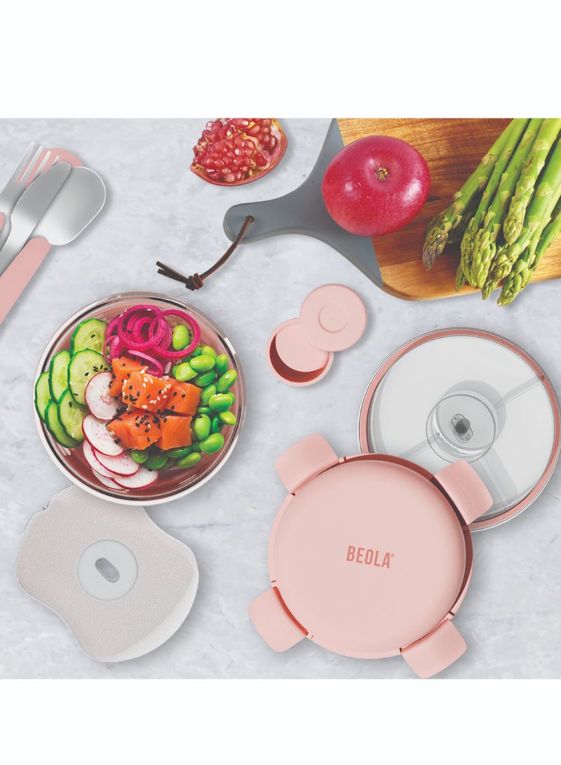 Lunch Box, Food Container with Ice Pack, Sauce Cup, 3 Compartment Tray, Borosilicate BPA Free Glass Salad Bowl with Silicone Protection, Freezer, Dishwasher, Microwave Safe, 950ml(Blush Pink)