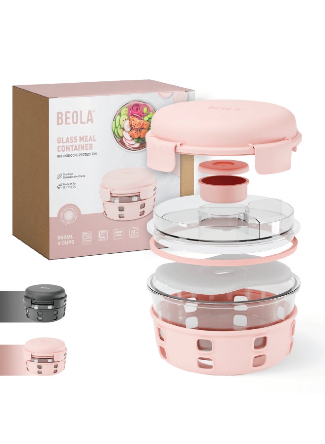Lunch Box, Food Container with Ice Pack, Sauce Cup, 3 Compartment Tray, Borosilicate BPA Free Glass Salad Bowl with Silicone Protection, Freezer, Dishwasher, Microwave Safe, 950ml(Blush Pink)
