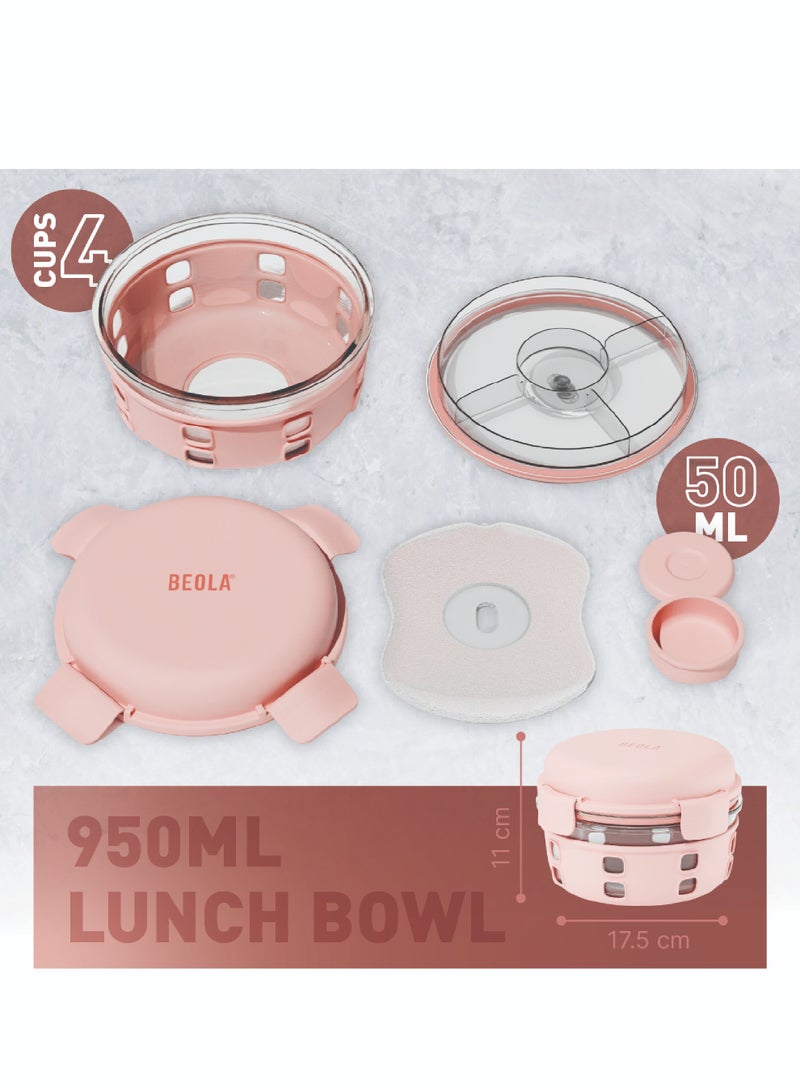 Lunch Box, Food Container with Ice Pack, Sauce Cup, 3 Compartment Tray, Borosilicate BPA Free Glass Salad Bowl with Silicone Protection, Freezer, Dishwasher, Microwave Safe, 950ml(Blush Pink)