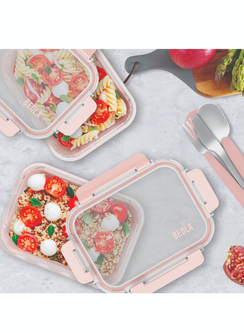 BEOLA Set of 2 Glass Food Storage Containers with Airtight Lids and Silicone Protection, Leakproof Food Organizer, Freezer, Dishwasher, Microwave Safe, Kitchen Organizer for Food (640ml, Blush Pink)