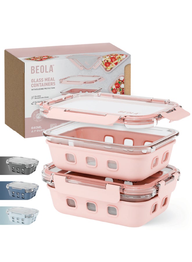 BEOLA Set of 2 Glass Food Storage Containers with Airtight Lids and Silicone Protection, Leakproof Food Organizer, Freezer, Dishwasher, Microwave Safe, Kitchen Organizer for Food (640ml, Blush Pink)