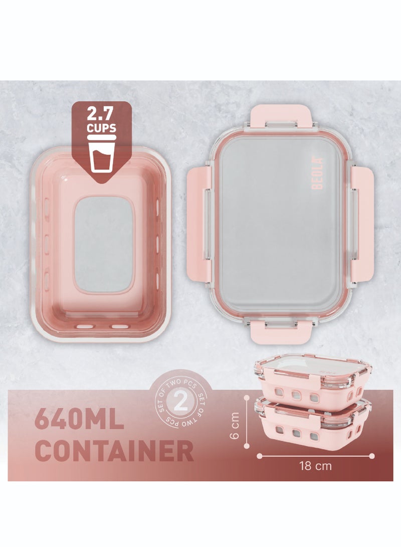 BEOLA Set of 2 Glass Food Storage Containers with Airtight Lids and Silicone Protection, Leakproof Food Organizer, Freezer, Dishwasher, Microwave Safe, Kitchen Organizer for Food (640ml, Blush Pink)