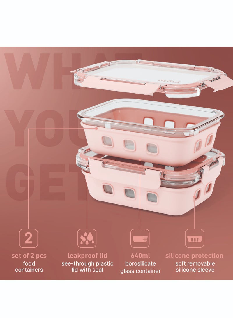 BEOLA Set of 2 Glass Food Storage Containers with Airtight Lids and Silicone Protection, Leakproof Food Organizer, Freezer, Dishwasher, Microwave Safe, Kitchen Organizer for Food (640ml, Blush Pink)