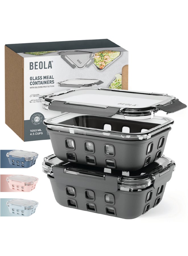 Set of 2 Glass Food Storage Containers with Airtight Lids and Silicone Protection, Leakproof Food Organizer, Freezer, Dishwasher, Microwave Safe, Kitchen Organizer for Food (1050ml, Lava Gray)