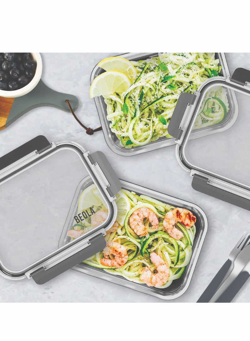 Set of 2 Glass Food Storage Containers with Airtight Lids and Silicone Protection, Leakproof Food Organizer, Freezer, Dishwasher, Microwave Safe, Kitchen Organizer for Food (1050ml, Lava Gray)