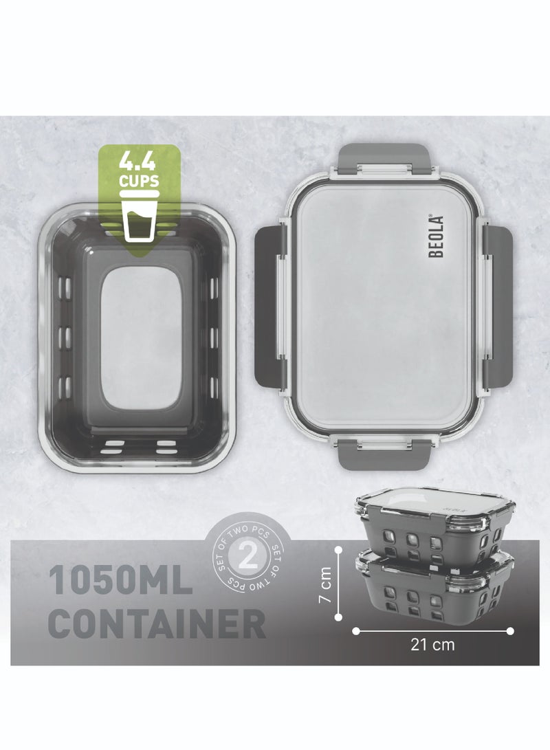Set of 2 Glass Food Storage Containers with Airtight Lids and Silicone Protection, Leakproof Food Organizer, Freezer, Dishwasher, Microwave Safe, Kitchen Organizer for Food (1050ml, Lava Gray)