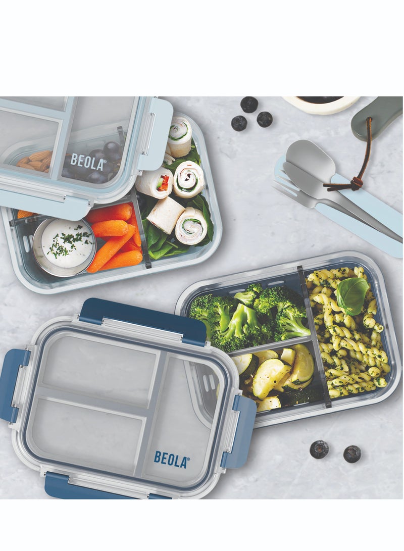 Set of 2, Glass Food Storage Container with Airtight Lid and Silicone Protection Sleeve, Individually Sealed 3 Section Meal Prep Container, Freezer, Dishwasher, Microwave Safe (Blue/Ice Blue)