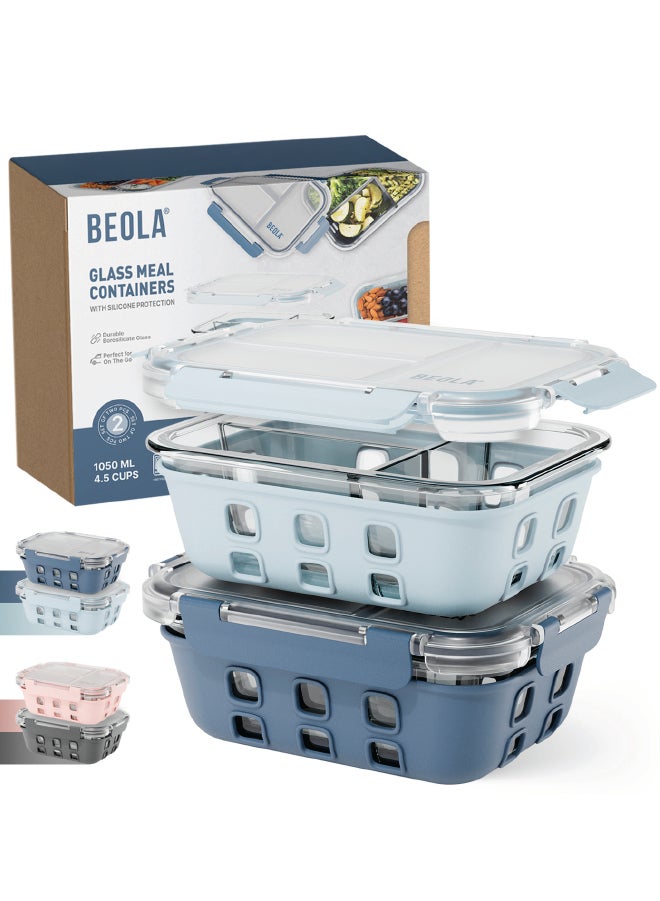 Set of 2, Glass Food Storage Container with Airtight Lid and Silicone Protection Sleeve, Individually Sealed 3 Section Meal Prep Container, Freezer, Dishwasher, Microwave Safe (Blue/Ice Blue)
