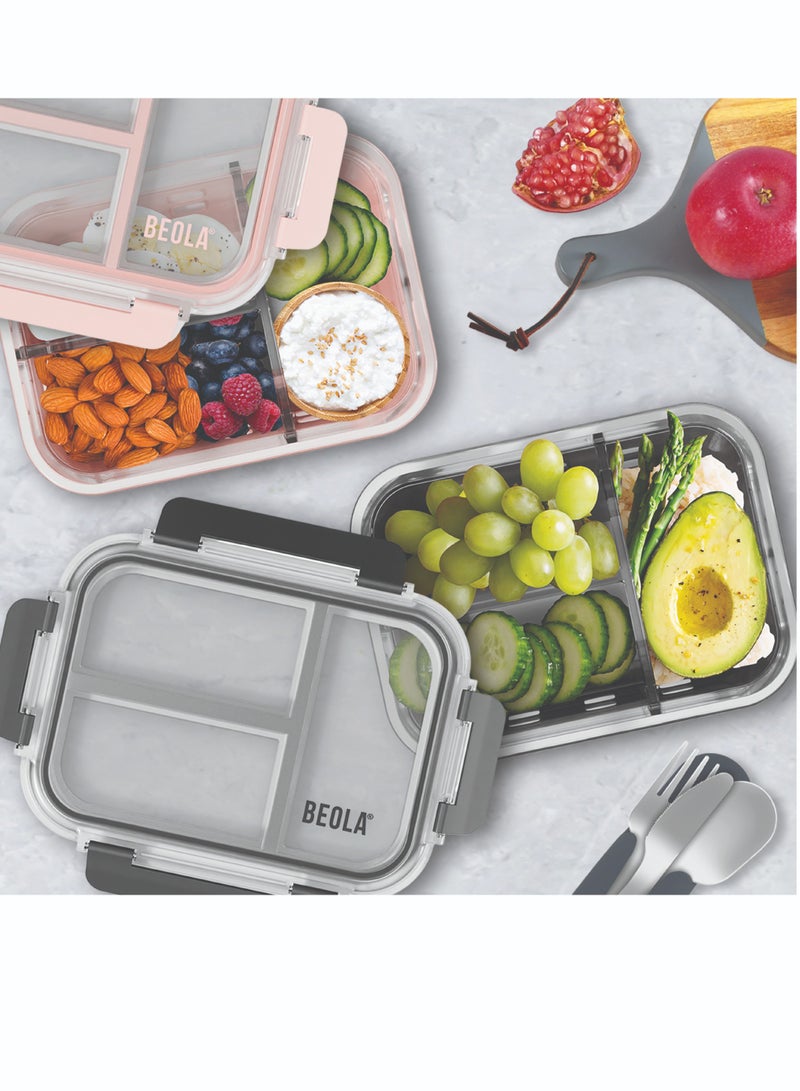 Set of 2, Glass Food Storage Container with Airtight Lid and Silicone Protection Sleeve, Individually Sealed 3 Section Meal Prep Container, Freezer, Dishwasher, Microwave Safe (Blue/Ice Blue)