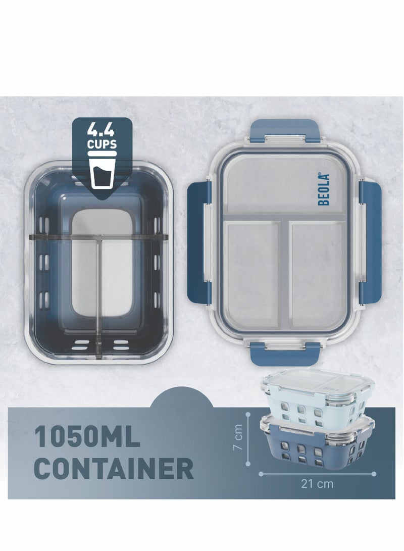 Set of 2, Glass Food Storage Container with Airtight Lid and Silicone Protection Sleeve, Individually Sealed 3 Section Meal Prep Container, Freezer, Dishwasher, Microwave Safe (Blue/Ice Blue)