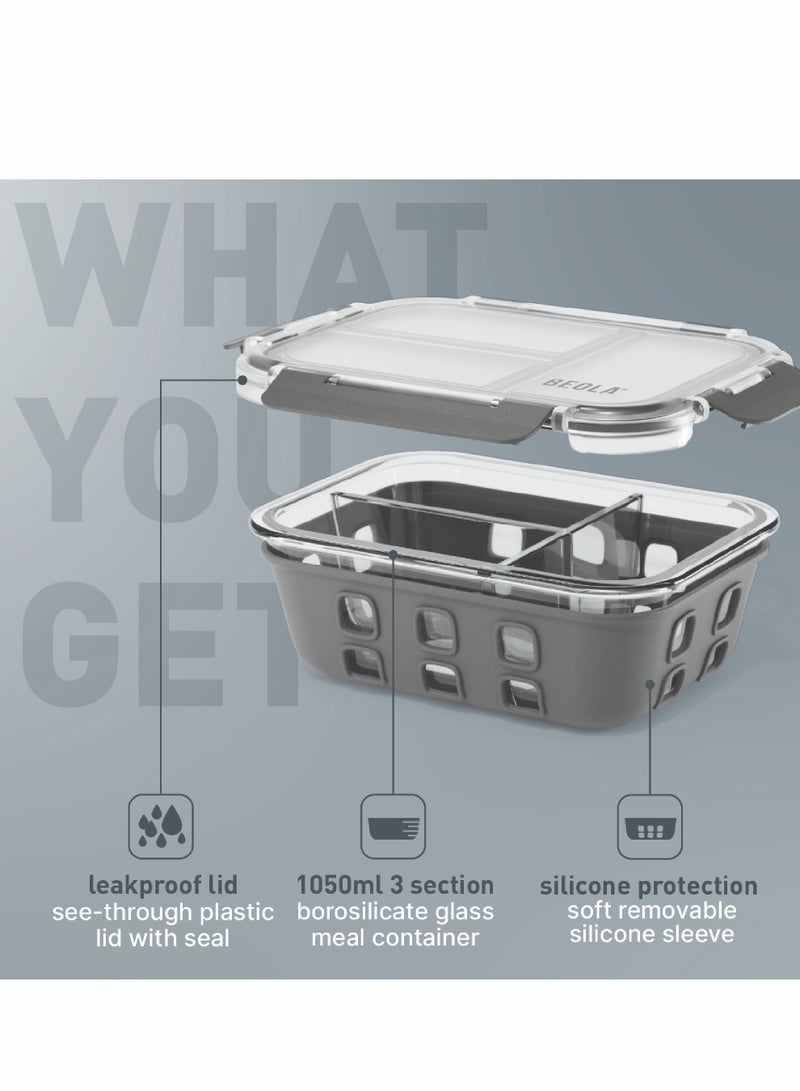 BEOLA 3 Compartment Glass Food Storage Container with Airtight Lid and Silicone Protection, Individually Sealed 3 Section Meal Prep Container, Freezer, Dishwasher, Microwave Safe, 1050ml(Lava Gray)