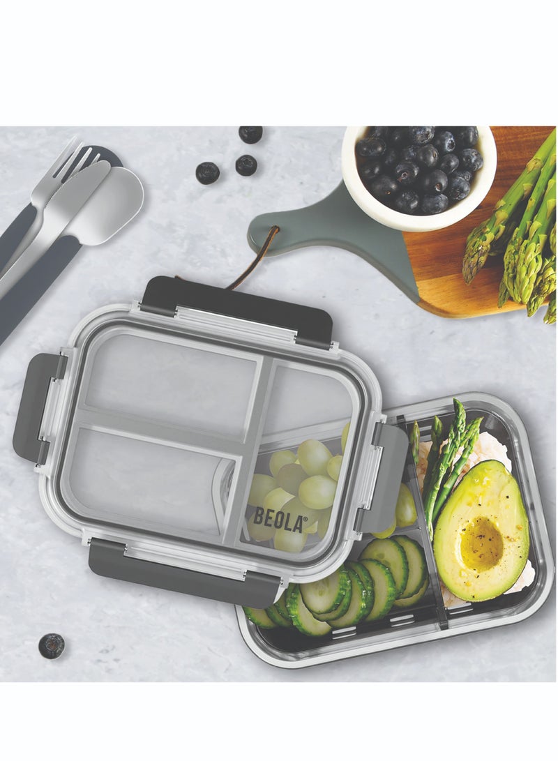 BEOLA 3 Compartment Glass Food Storage Container with Airtight Lid and Silicone Protection, Individually Sealed 3 Section Meal Prep Container, Freezer, Dishwasher, Microwave Safe, 1050ml(Lava Gray)