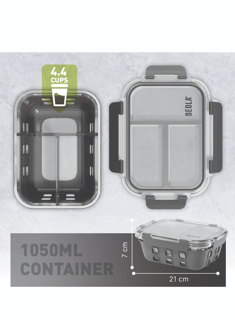 BEOLA 3 Compartment Glass Food Storage Container with Airtight Lid and Silicone Protection, Individually Sealed 3 Section Meal Prep Container, Freezer, Dishwasher, Microwave Safe, 1050ml(Lava Gray)