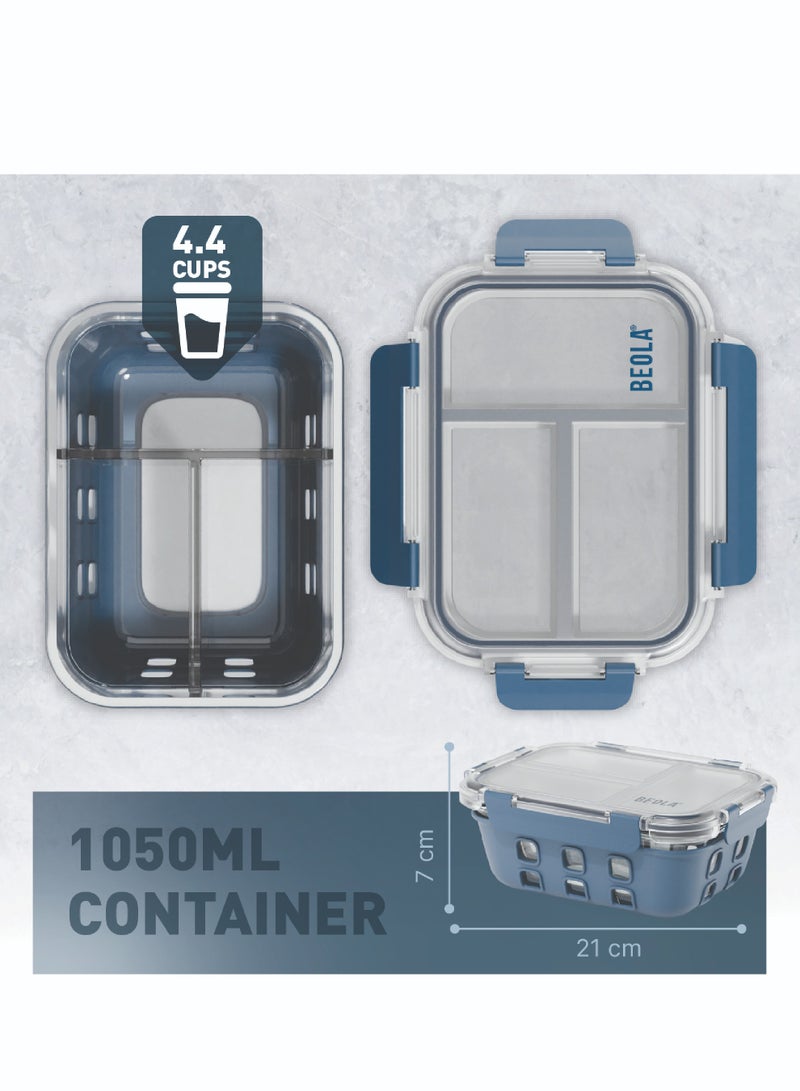 3 Compartment Glass Food Storage Container with Airtight Lid and Silicone Protection, Individually Sealed 3 Section Meal Prep Container, Freezer, Dishwasher, Microwave Safe, 1050ml(Marine Blue)