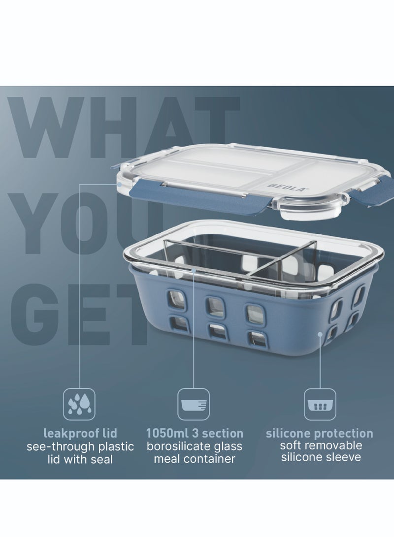 3 Compartment Glass Food Storage Container with Airtight Lid and Silicone Protection, Individually Sealed 3 Section Meal Prep Container, Freezer, Dishwasher, Microwave Safe, 1050ml(Marine Blue)